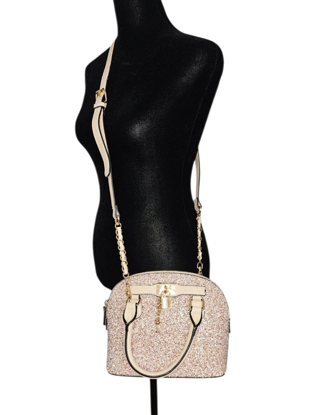 ALDO Champagne Glitter Dome Satchel Lock & Key Crossbody NWT Gift Ready - Picture 5 of 11